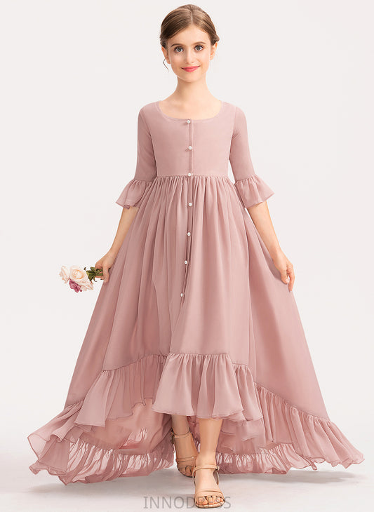 Chiffon Cascading Ruffles Junior Bridesmaid Dresses Holly Scoop With Bow(s) Asymmetrical Neck A-Line