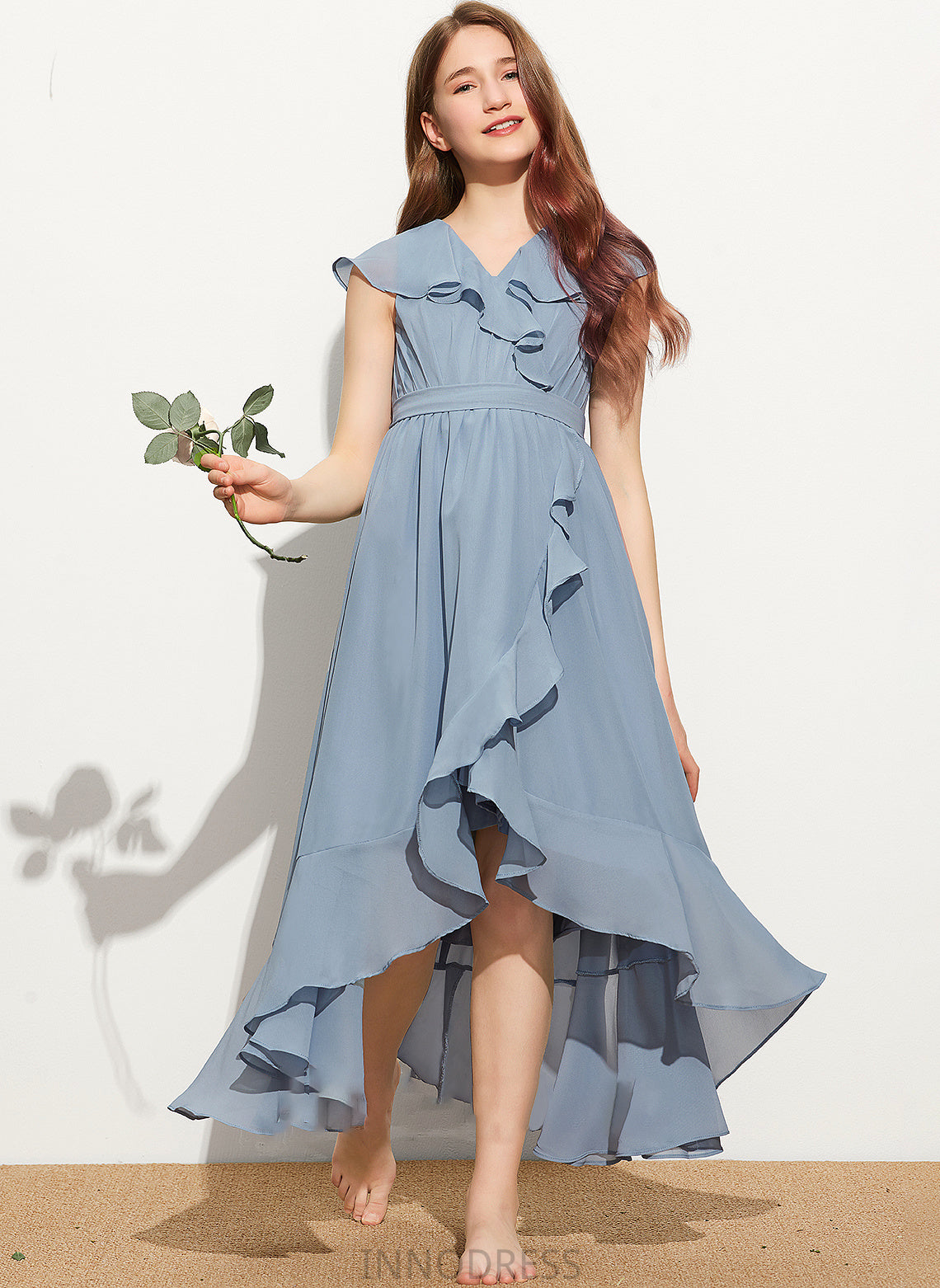 Chiffon Bow(s) V-neck With Danica Ruffles Asymmetrical A-Line Junior Bridesmaid Dresses Cascading