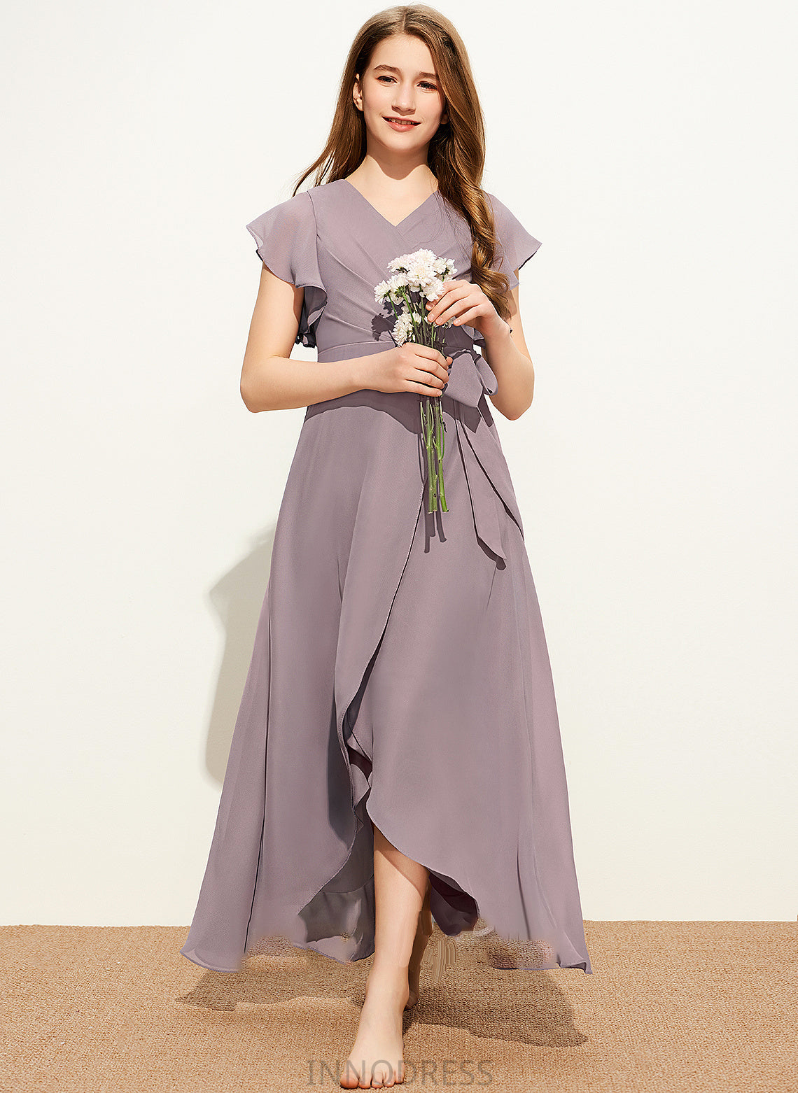 Ruffle With Chiffon Stephanie A-Line Bow(s) Junior Bridesmaid Dresses V-neck Asymmetrical