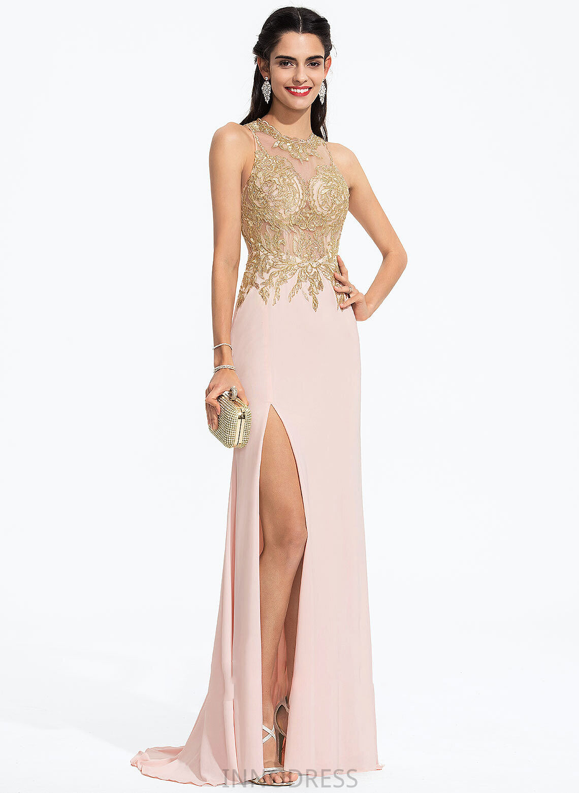 Sequins Jersey Prom Dresses Sheath/Column Scoop Katrina Lace Neck Sweep With Train