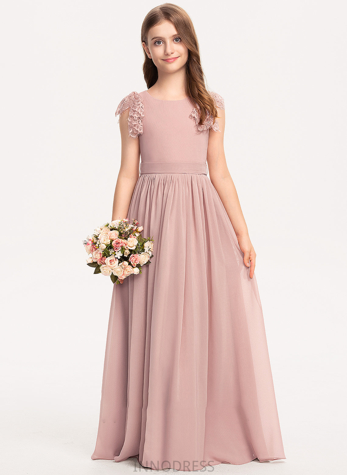 Scoop Junior Bridesmaid Dresses Bow(s) Chiffon A-Line Mareli With Lace Floor-Length Neck