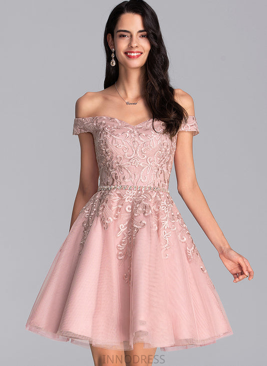 Tulle Prom Dresses Short/Mini Sequins Off-the-Shoulder With Abigayle Beading A-Line