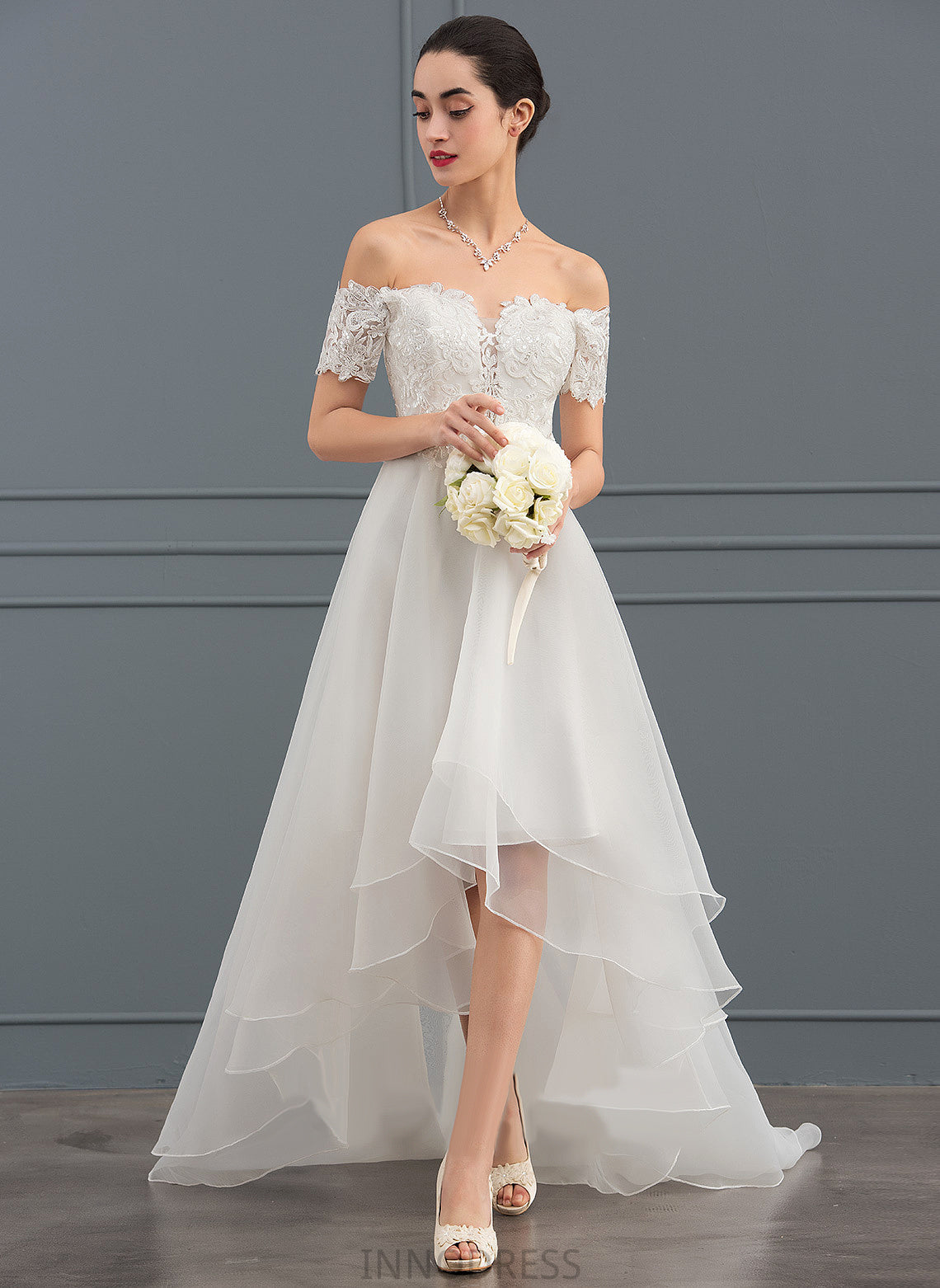 Sequins Lace A-Line Wedding Organza Asymmetrical Dress With Wedding Dresses Ivy