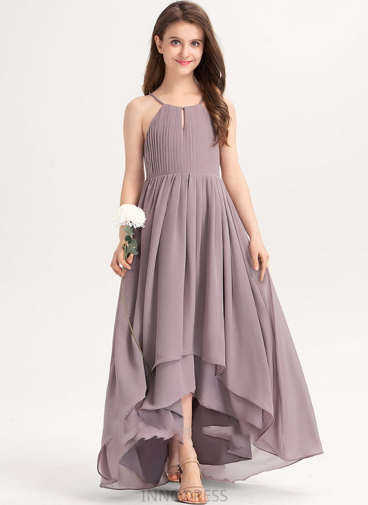 Bow(s) With Asymmetrical Neck A-Line Scoop Jakayla Ruffle Chiffon Junior Bridesmaid Dresses