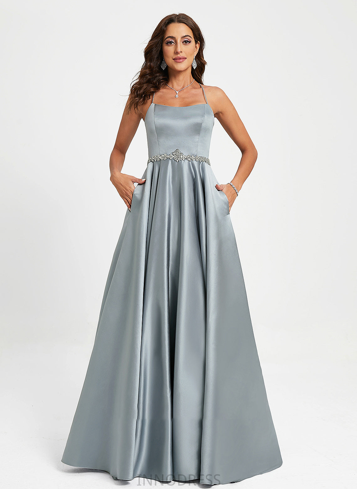 Neck A-Line Satin With Floor-Length Scoop Prom Dresses Beading Liana