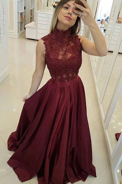 Burgundy Satin A-line Sleeveless High Neck Long Prom Dresses