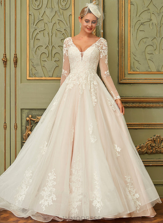 Maribel Court Dress Lace V-neck Wedding Wedding Dresses Tulle Ball-Gown/Princess Train