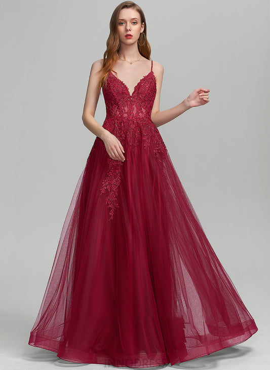 Sequins Floor-Length Leyla Beading Ball-Gown/Princess With V-neck Tulle Prom Dresses