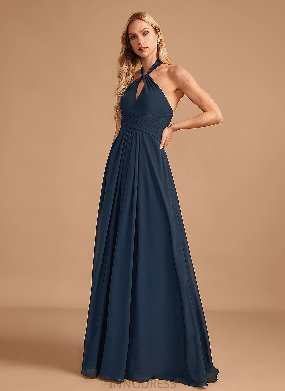 Silhouette Embellishment A-Line Floor-Length Neckline Ruffle Fabric Halter Length Marlie A-Line/Princess Natural Waist Bridesmaid Dresses