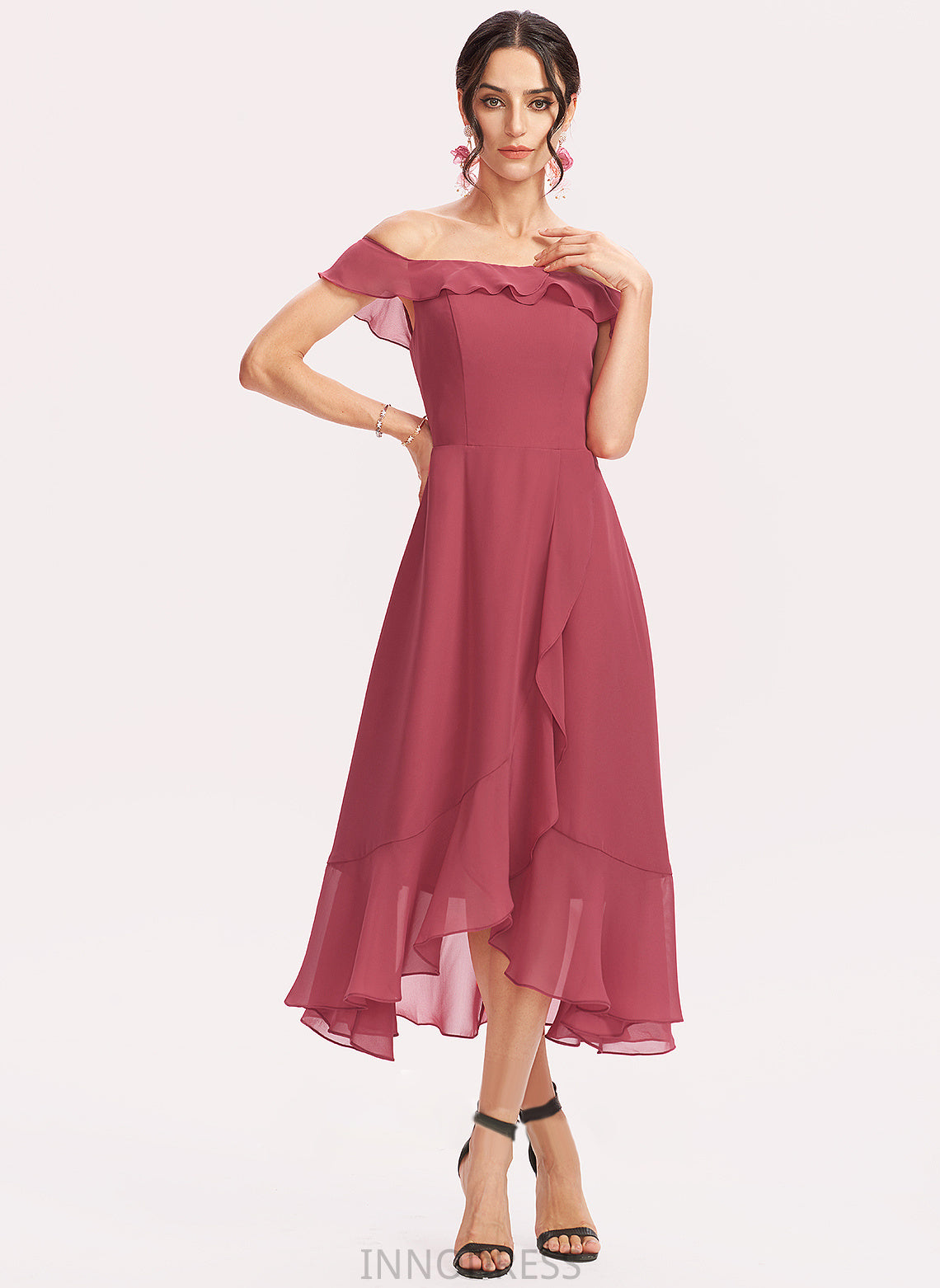 CascadingRuffles Silhouette Neckline Length Off-the-Shoulder Embellishment A-Line Fabric Tea-Length Teagan Sequins Natural Waist Bridesmaid Dresses