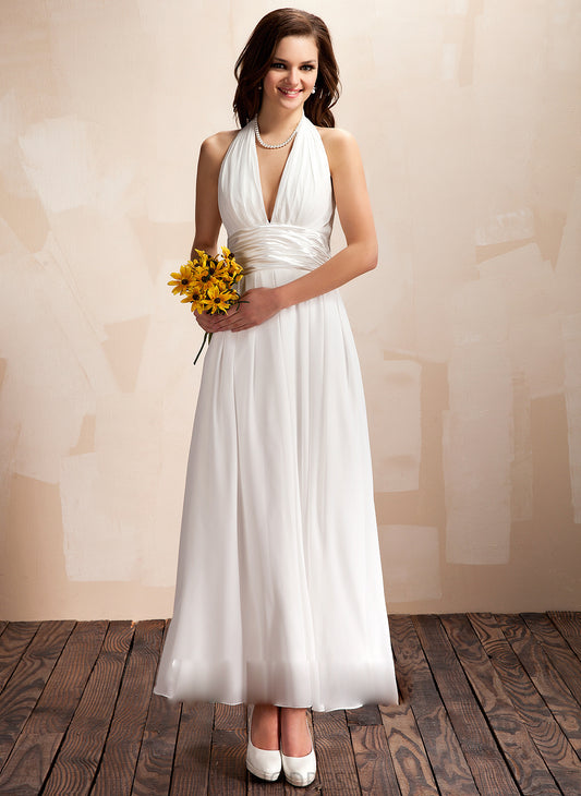 Dress With Bow(s) Halter Wedding Dresses Chiffon Wedding A-Line Kaylee Ankle-Length Ruffle