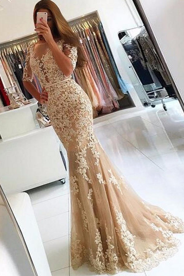 Sheath Sweep Train Scoop Neck Half Sleeve Lace Appliques Prom Dresses