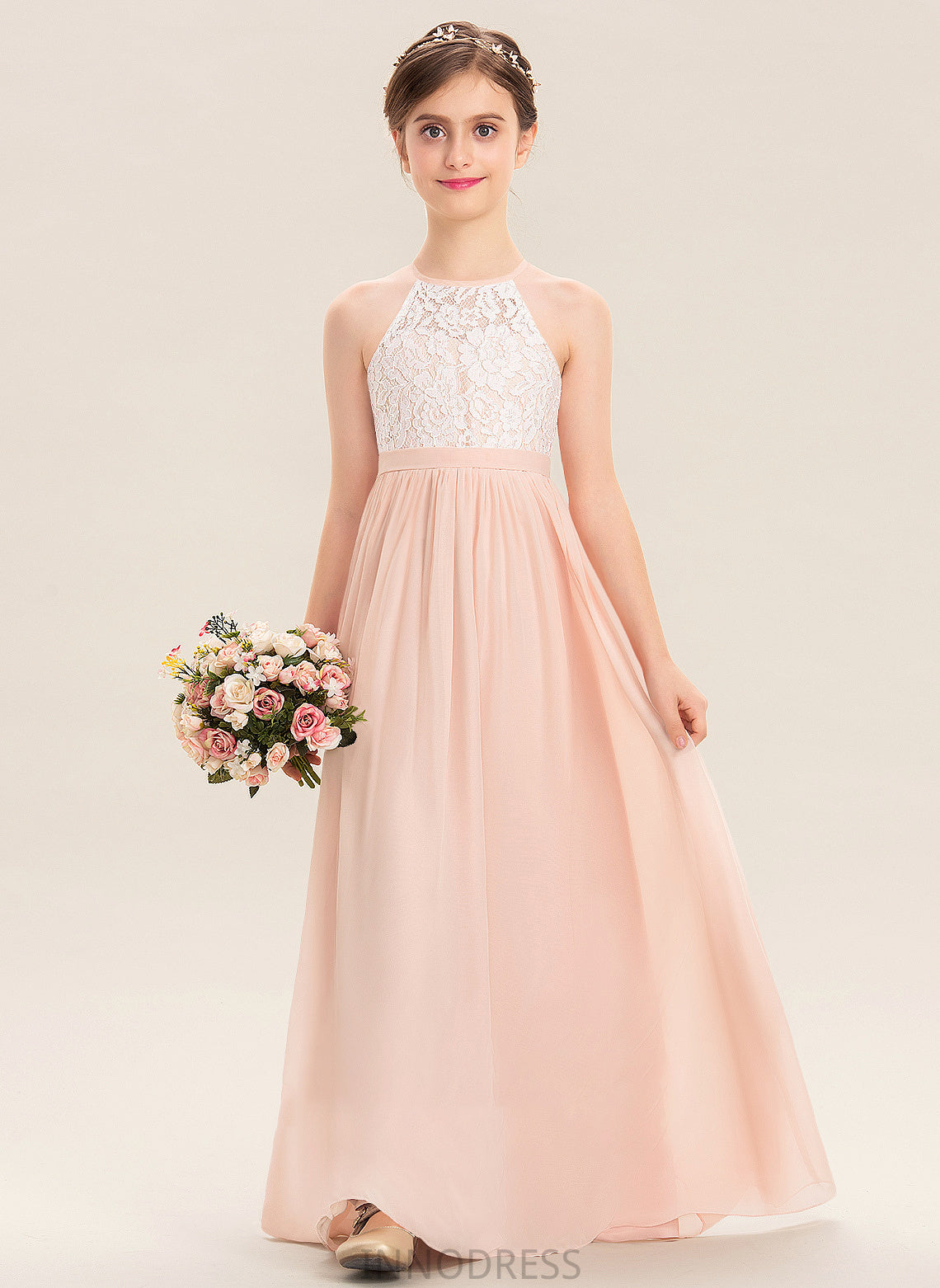 Scoop Floor-Length Neck Chiffon Lace Eve Junior Bridesmaid Dresses A-Line