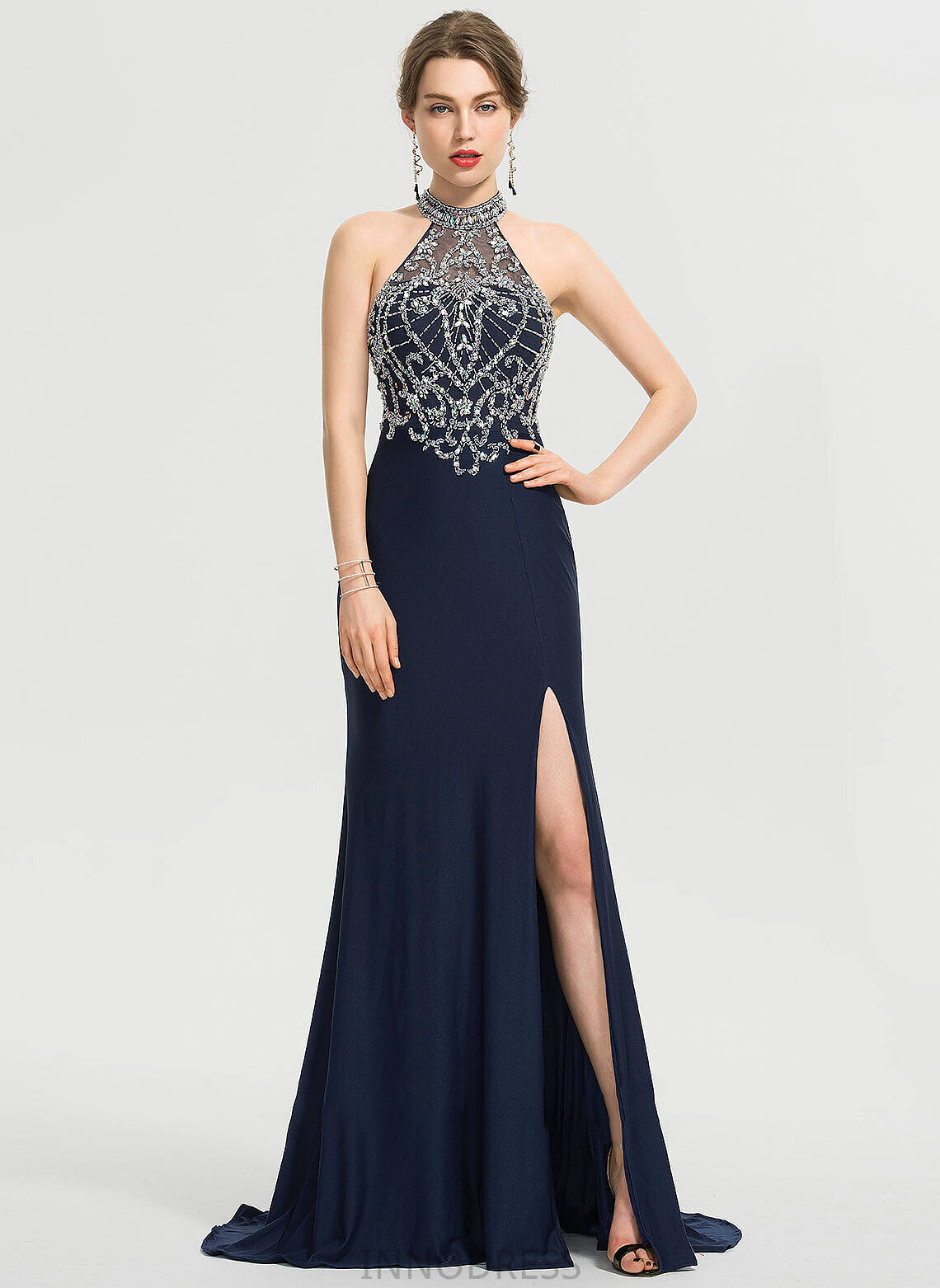 Neck Front Train Split With Sweep Scoop Jersey Prom Dresses Frida Sheath/Column Sequins Beading