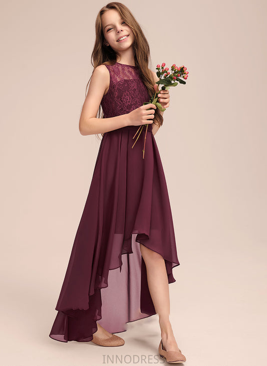 Bow(s) Lace Neck A-Line With Asymmetrical Scoop Chiffon Junior Bridesmaid Dresses Mikayla