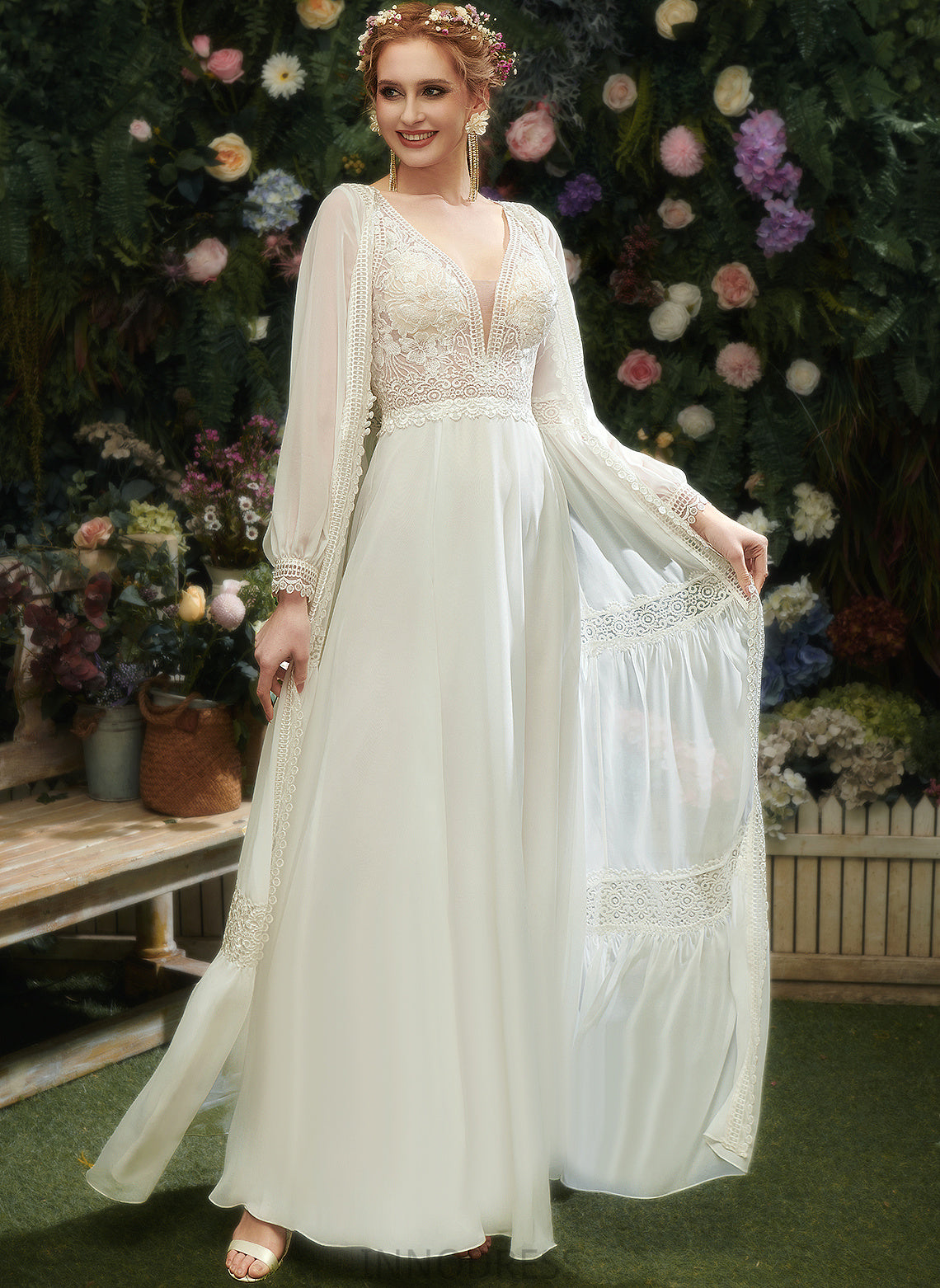 Chiffon Dress Sequins Lace With Front V-neck Wedding Kayla Wedding Dresses A-Line Floor-Length Split