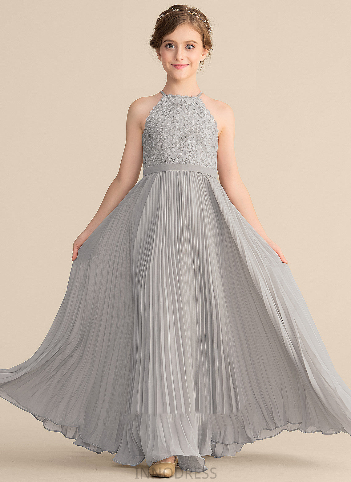 Scoop Floor-Length Chiffon A-Line Pleated Junior Bridesmaid Dresses Lace Neck Irene With