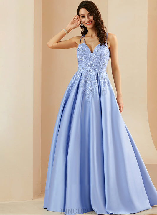 Prom Dresses V-neck Satin Carlee Beading Sequins With Floor-Length Ball-Gown/Princess