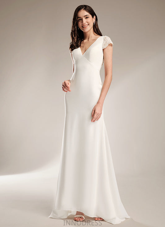 Dress Sheath/Column Sweep V-neck Chiffon Lace Wedding Abbey With Wedding Dresses Train