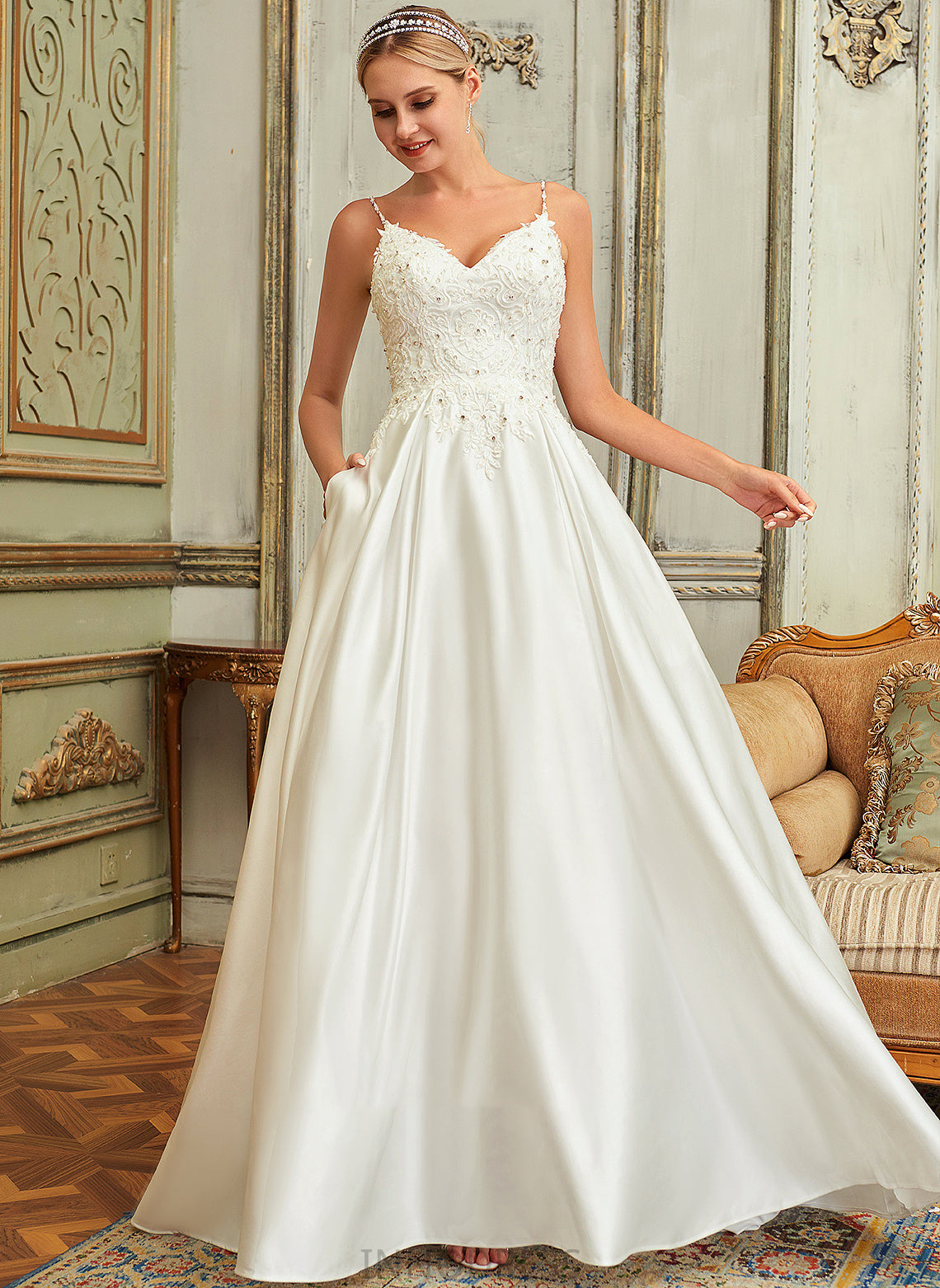 Lace With V-neck Sequins Wedding Dresses Sweep Pockets Wedding Dress Kamryn Satin Beading Train Ball-Gown/Princess Lace