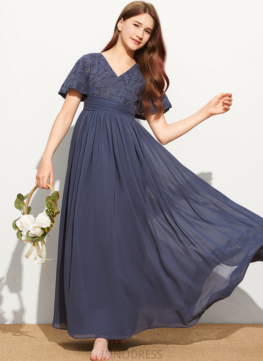 V-neck Gloria Bow(s) With Junior Bridesmaid Dresses Floor-Length Lace Chiffon A-Line