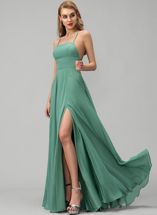 With Front A-Line Split Neckline Square Prom Dresses Floor-Length Pockets Joyce Chiffon