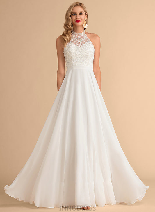 Wedding Neck A-Line Dress High Floor-Length Allyson Chiffon Wedding Dresses