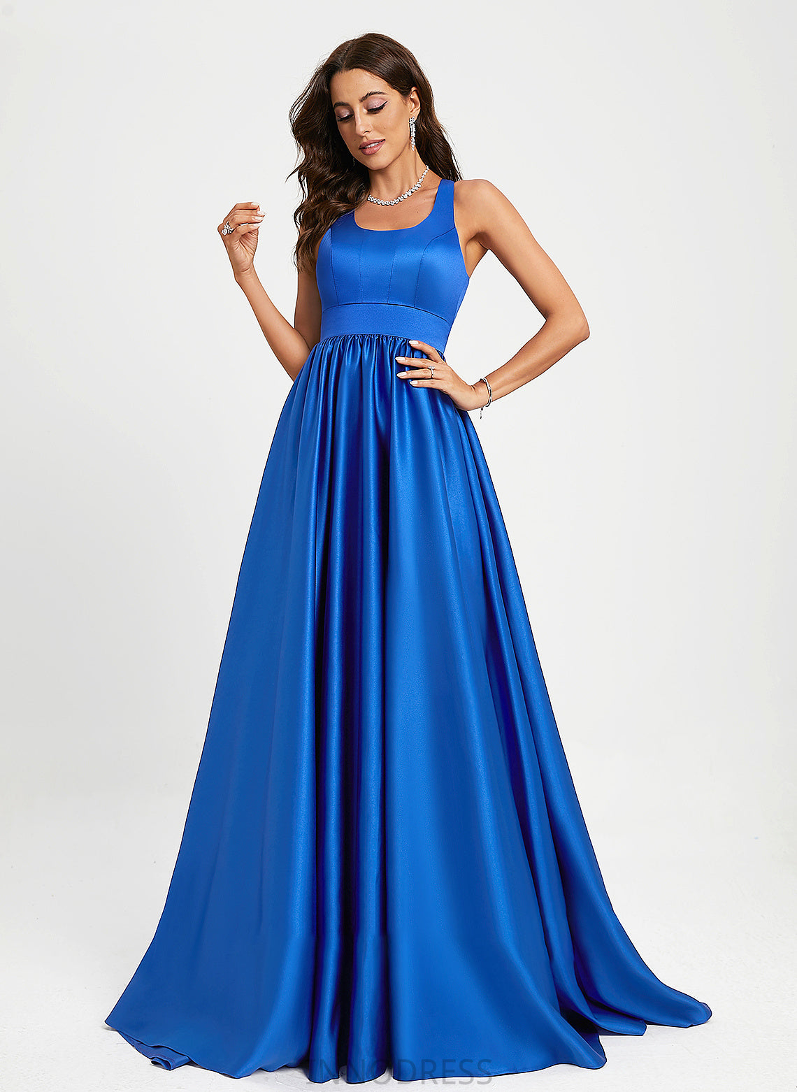 Scoop Satin Krista Neck Sweep Train A-Line Prom Dresses