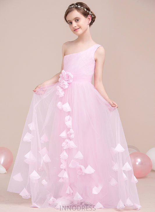 With Adelaide Ruffle Tulle One-Shoulder Floor-Length A-Line Flower(s) Junior Bridesmaid Dresses