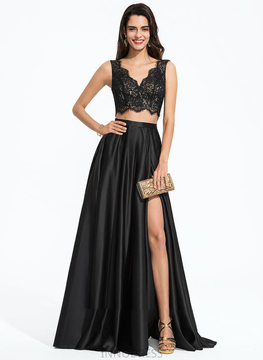 V-neck A-Line With Front Split Satin Prom Dresses Floor-Length Aniyah