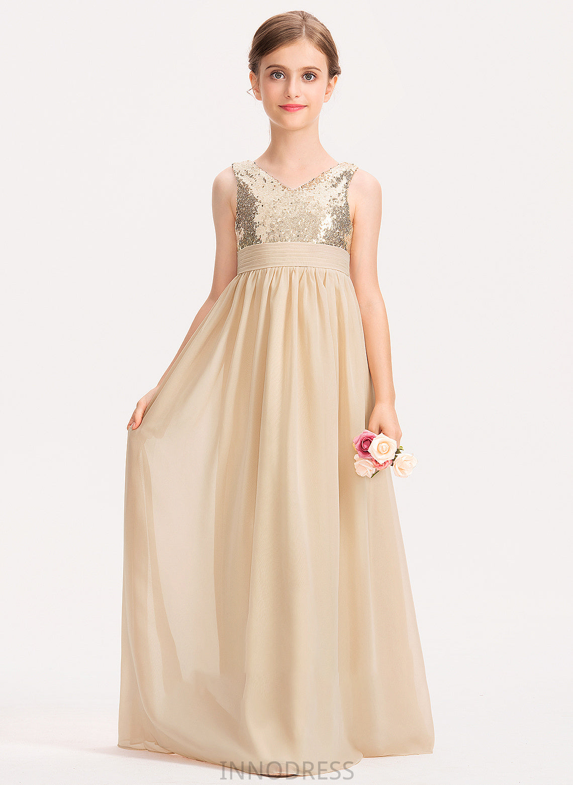 Chiffon Junior Bridesmaid Dresses A-Line V-neck With Shirley Ruffle Sequined Floor-Length