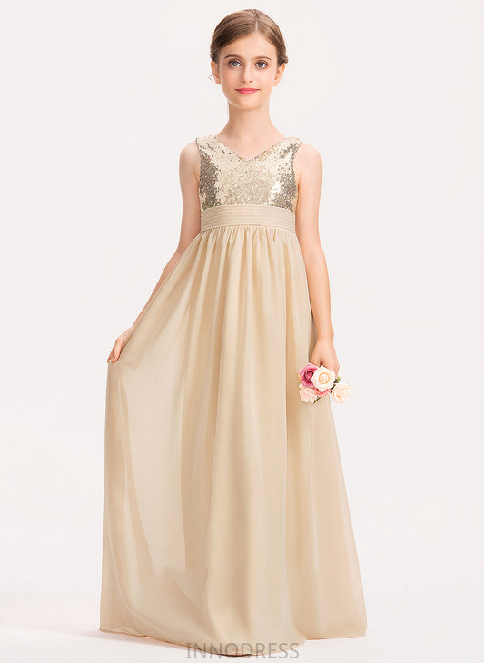 Chiffon Junior Bridesmaid Dresses A-Line V-neck With Shirley Ruffle Sequined Floor-Length