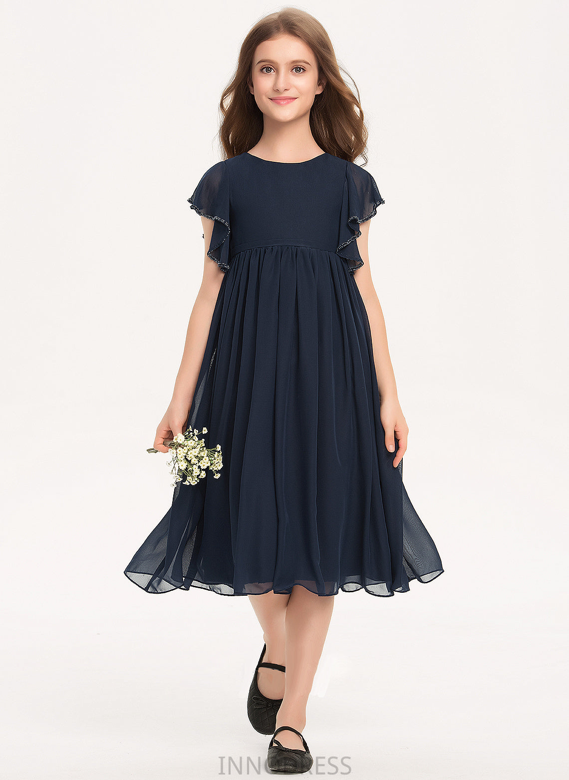 With A-Line Scoop Madalyn Chiffon Knee-Length Neck Junior Bridesmaid Dresses Beading