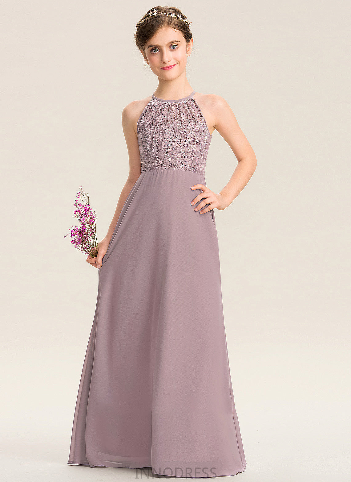 Camila A-LineScoopNeckFloor-LengthChiffonLaceJuniorBridesmaidDressWithRuffle#173272 Junior Bridesmaid Dresses