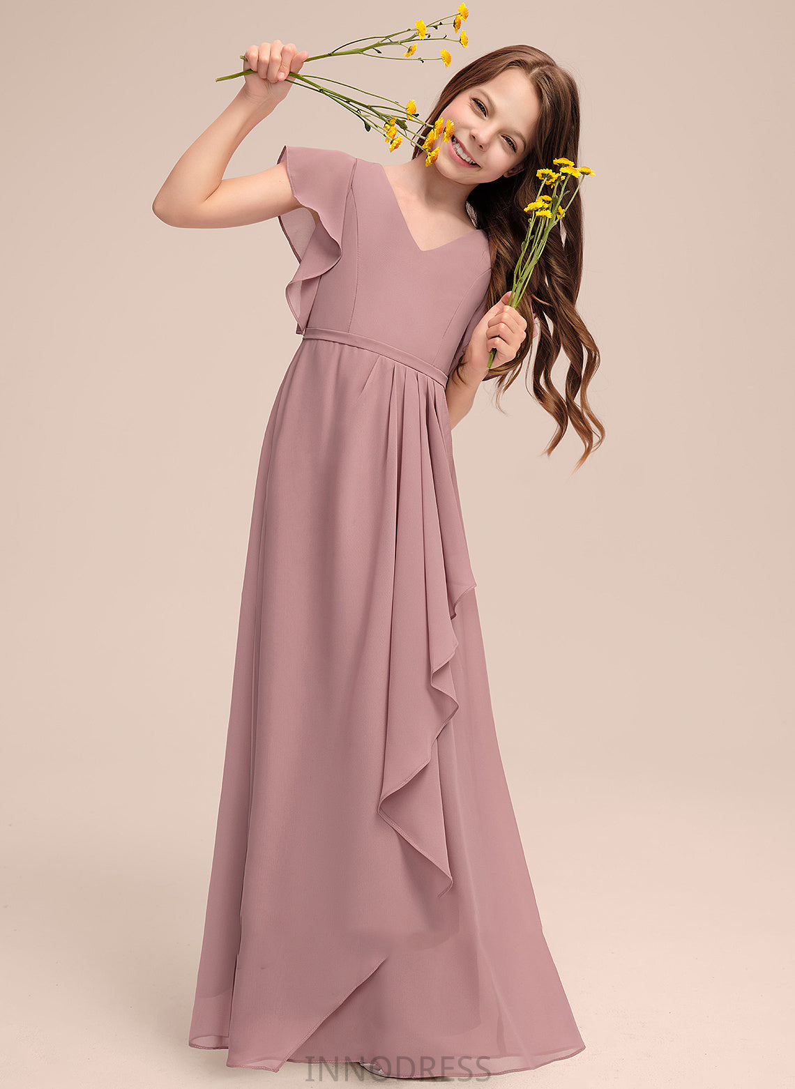 Cascading V-neck With Crystal Floor-Length Ruffles A-Line Junior Bridesmaid Dresses Chiffon