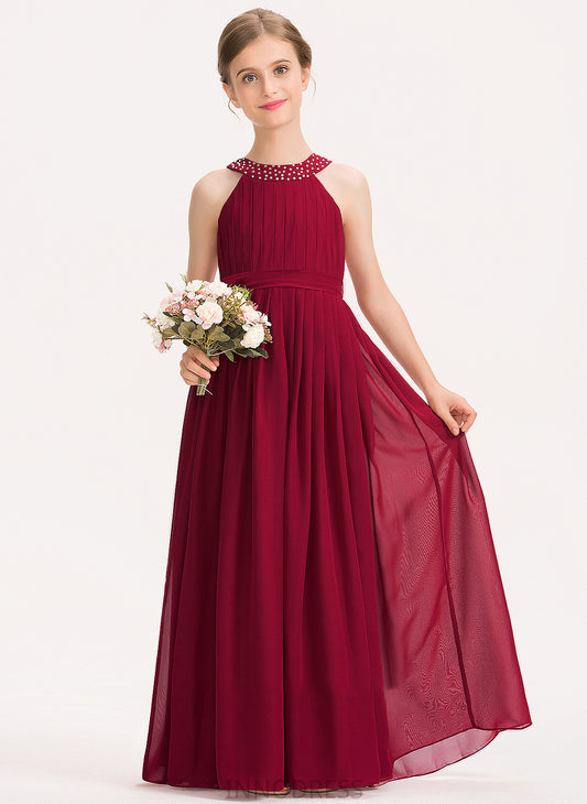 Scoop Beading Ruffle Paris Bow(s) With A-Line Neck Chiffon Junior Bridesmaid Dresses Floor-Length