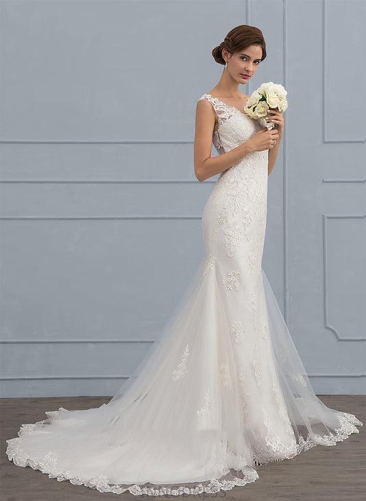 Train V-neck Wedding Trumpet/Mermaid Wedding Dresses Dress Court Tulle Nathalia