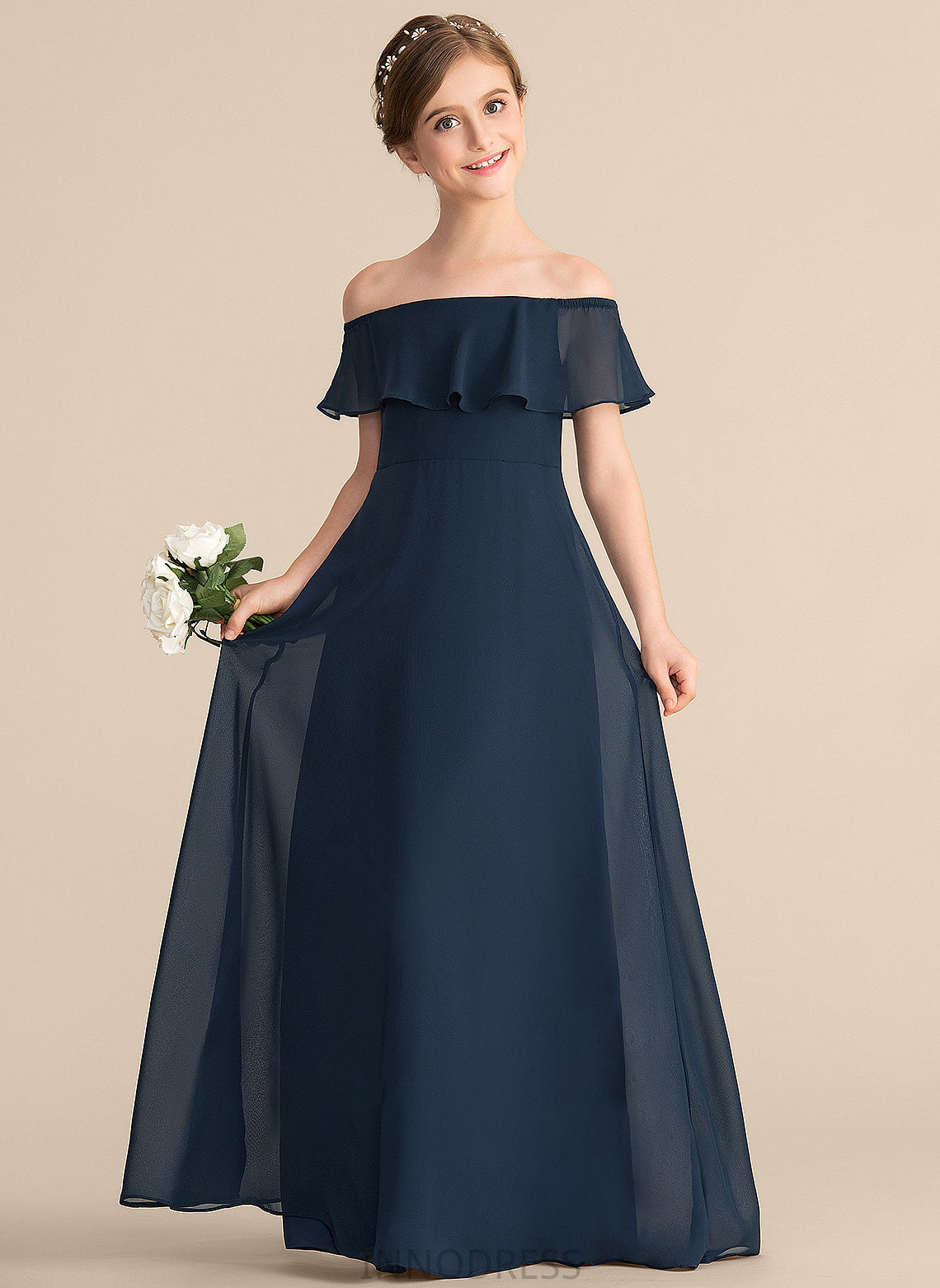 Off-the-Shoulder Floor-Length A-Line Cascading Chiffon Ruffles With Junior Bridesmaid Dresses Kayla