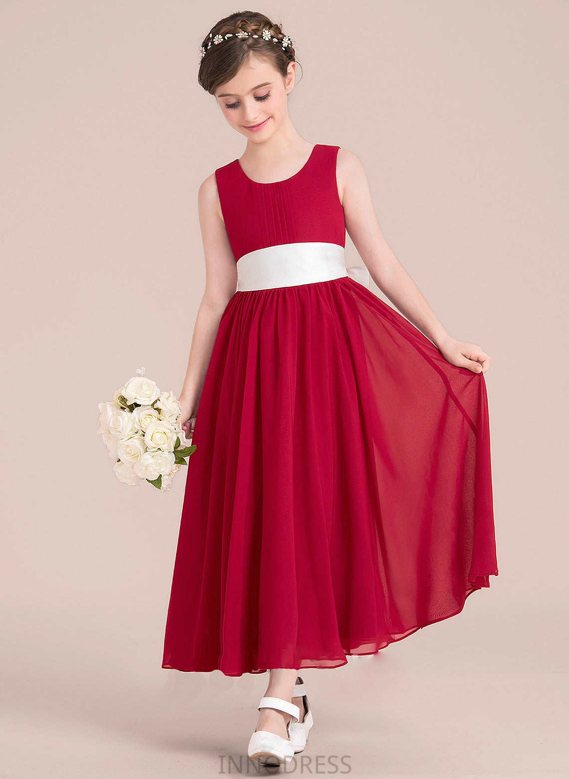 Scoop Neck Bow(s) Empire Chiffon Junior Bridesmaid Dresses With Ankle-Length Kamari Sash A-Line