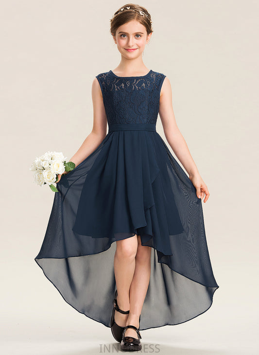 Cascading Lace Junior Bridesmaid Dresses Asymmetrical Bow(s) Chiffon Noelle With A-Line Neck Scoop Ruffles