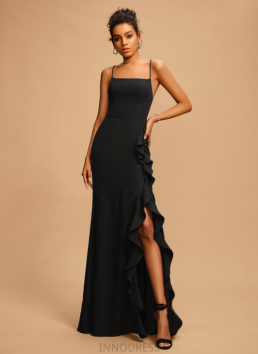 Neckline Prom Dresses Sheath/Column Floor-Length Square Virginia With Ruffle Stretch Crepe