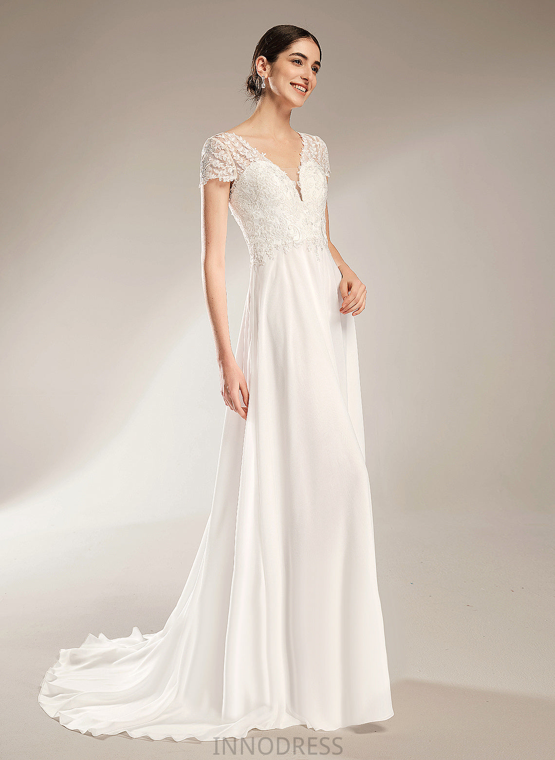 Wedding Lace A-Line With Bow(s) Cloe Court Wedding Dresses Train Chiffon Dress V-neck