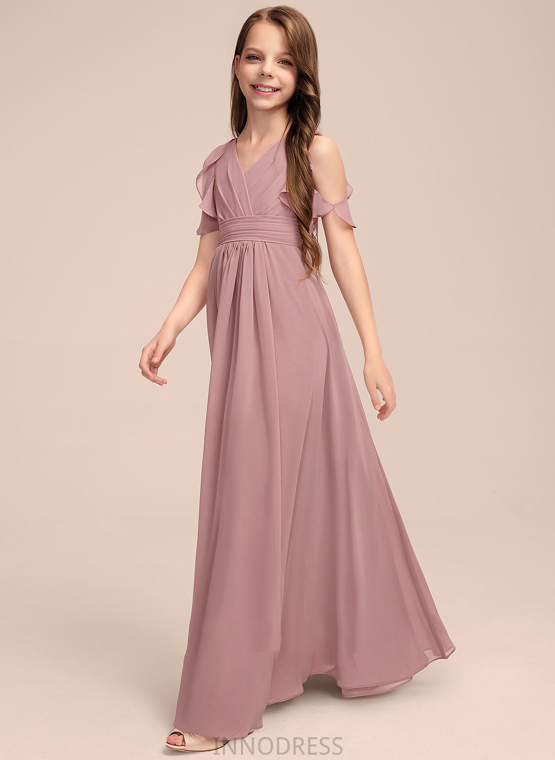 Abigail Cascading V-neck Floor-Length Ruffles Chiffon A-Line With Junior Bridesmaid Dresses