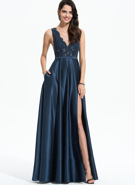 Front Satin With Prom Dresses Floor-Length A-Line V-neck Sequins Pockets Lace Split Miracle