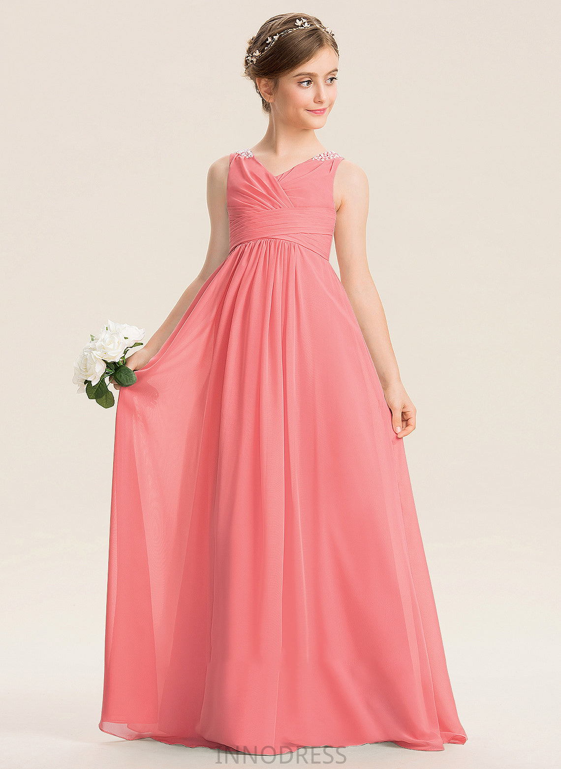 Junior Bridesmaid Dresses Zoie EmpireV-neckFloor-LengthChiffonJuniorBridesmaidDressWithRuffleBeadingSequins#173291