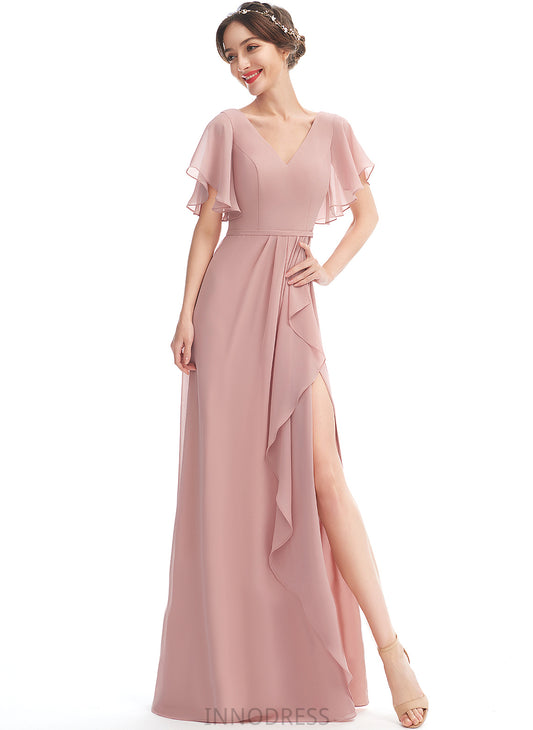 Embellishment Floor-Length Silhouette SplitFront Length Ruffle V-neck A-Line Neckline Fabric Jill Natural Waist Bridesmaid Dresses