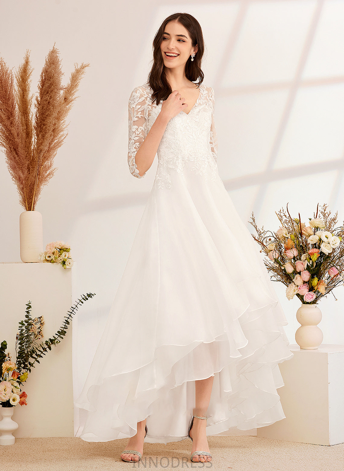 Asymmetrical Sequins Beading Wedding Dresses With Lilyana Dress Wedding V-neck A-Line