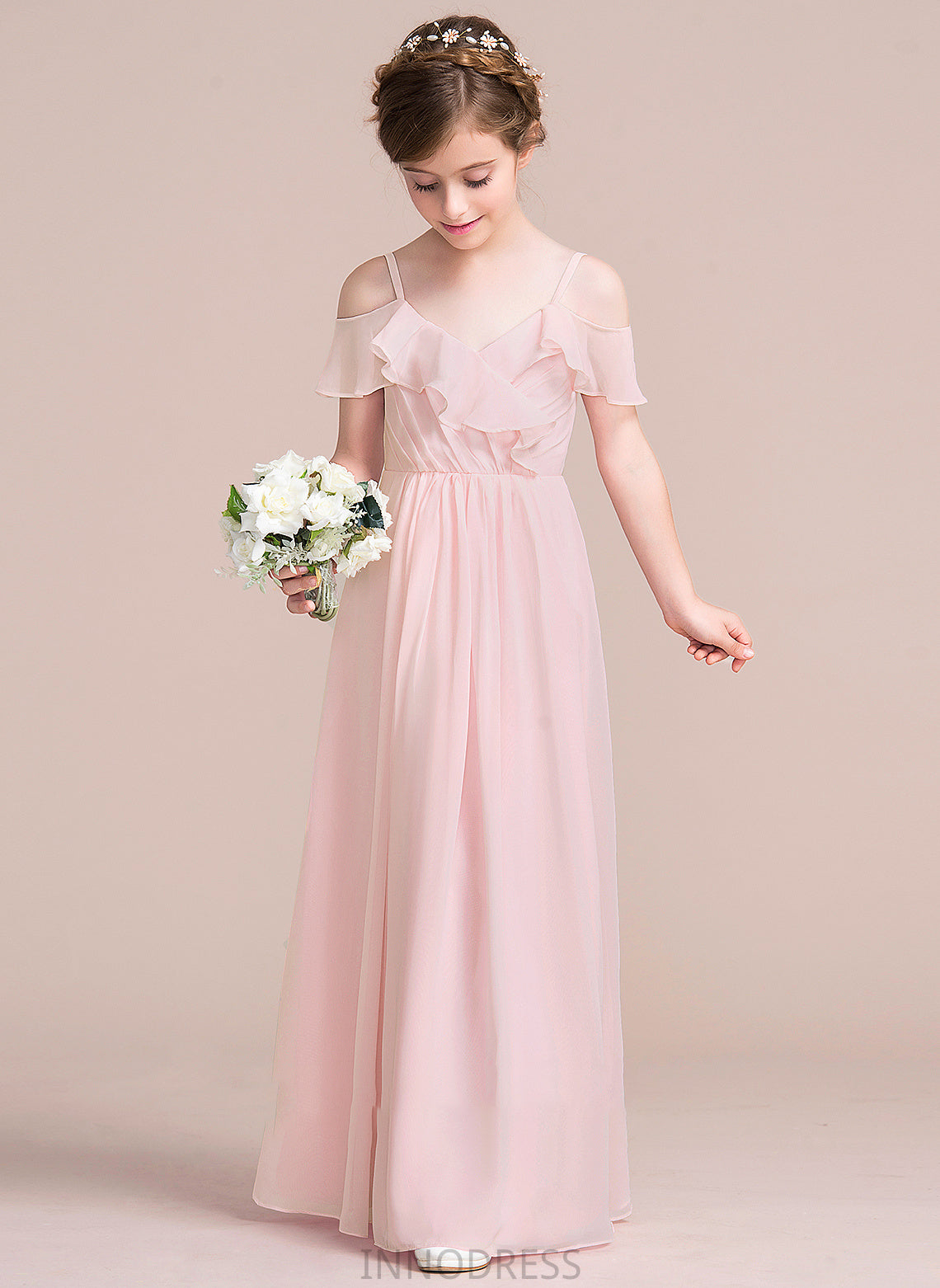 Shayna Ruffles Floor-Length A-Line Cascading V-neck With Junior Bridesmaid Dresses Chiffon