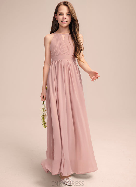 Ruffle Neck With Floor-Length Scoop A-Line Chiffon Gisselle Junior Bridesmaid Dresses Bow(s)