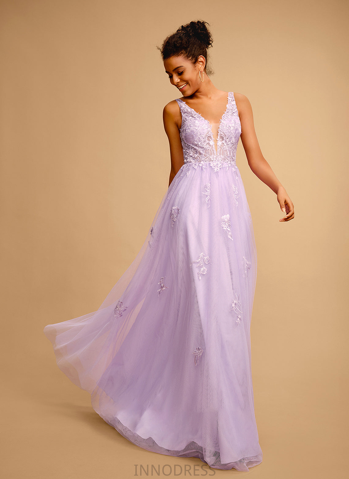 Ball-Gown/Princess With Floor-Length Tulle V-neck Lace Yasmin Prom Dresses